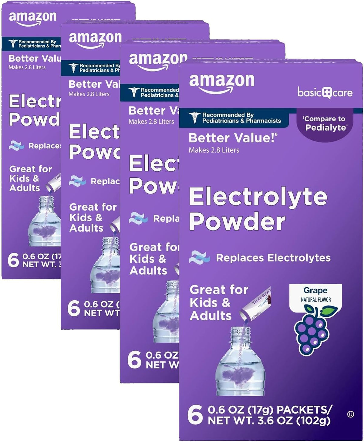 Amazon Basic Care Electrolyte Powder Packets for Rehydration for Kids & Adults, Grape Flavor, 6 Count (Pack of 4)