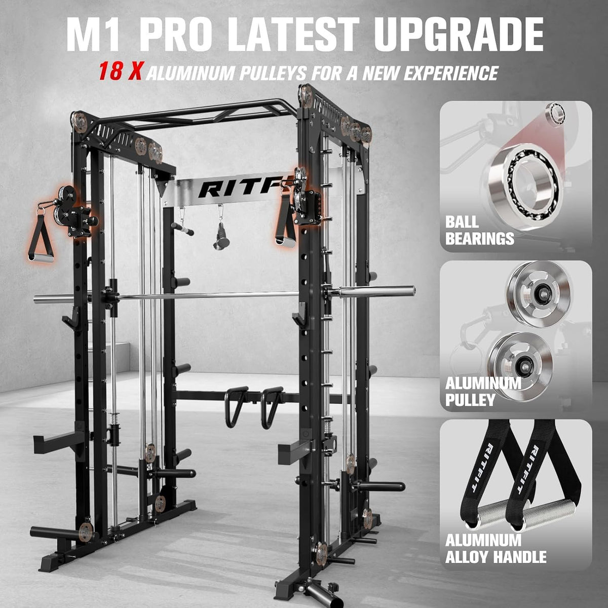 RitFit M1 Pro Smith Machine Cable Crossover Power Cage Home Gym | Dual 360 Cables, Barbell & Handles, LAT Pulldown, 1850LBS Weight Capacity