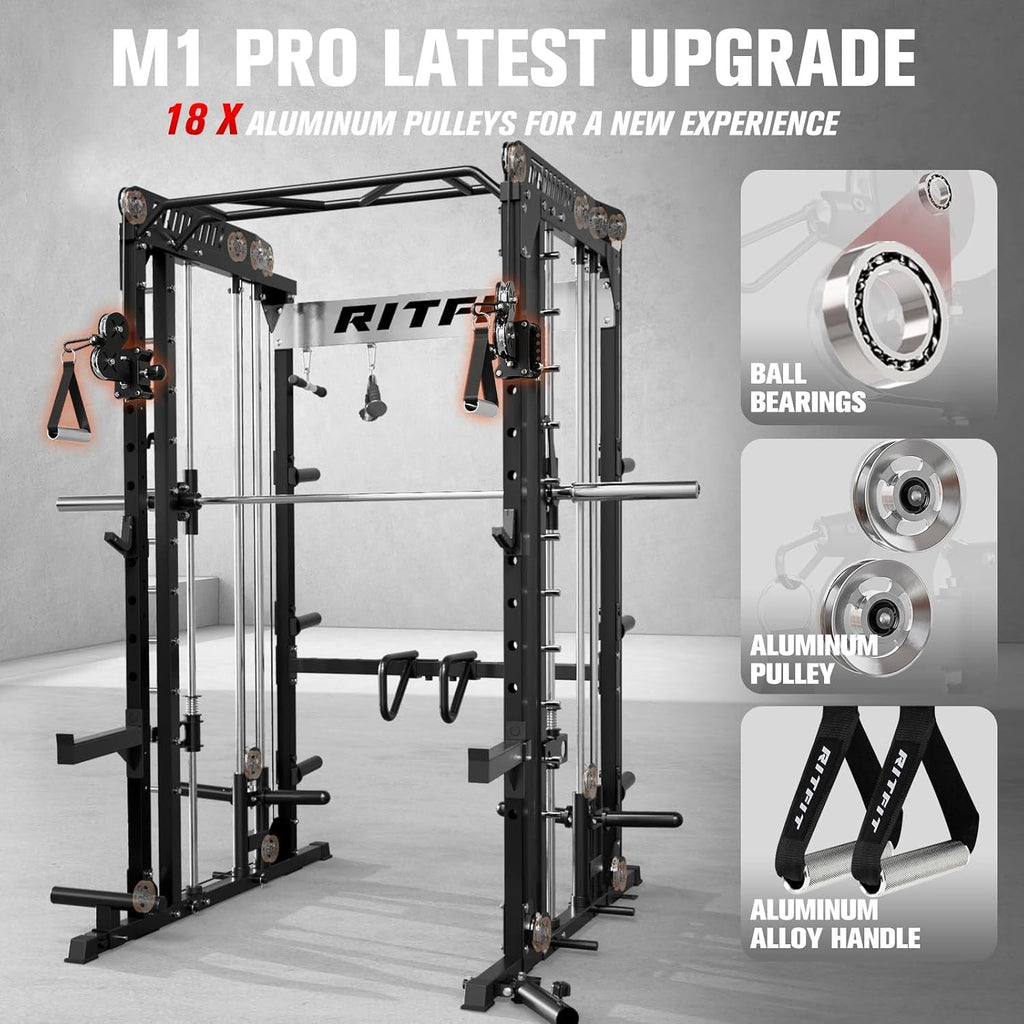 RitFit M1 Pro Smith Machine Cable Crossover Power Cage Home Gym | Dual 360 Cables, Barbell & Handles, LAT Pulldown, 1850LBS Weight Capacity