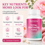 LUMINE Organics Postnatal Vitamins for Women 60 Capsules | Postnatal Nutrition with 20 Essential Nutrients, 200 mg Plant-Based DHA, Methylated Folate, Iron and Biotin for New Moms