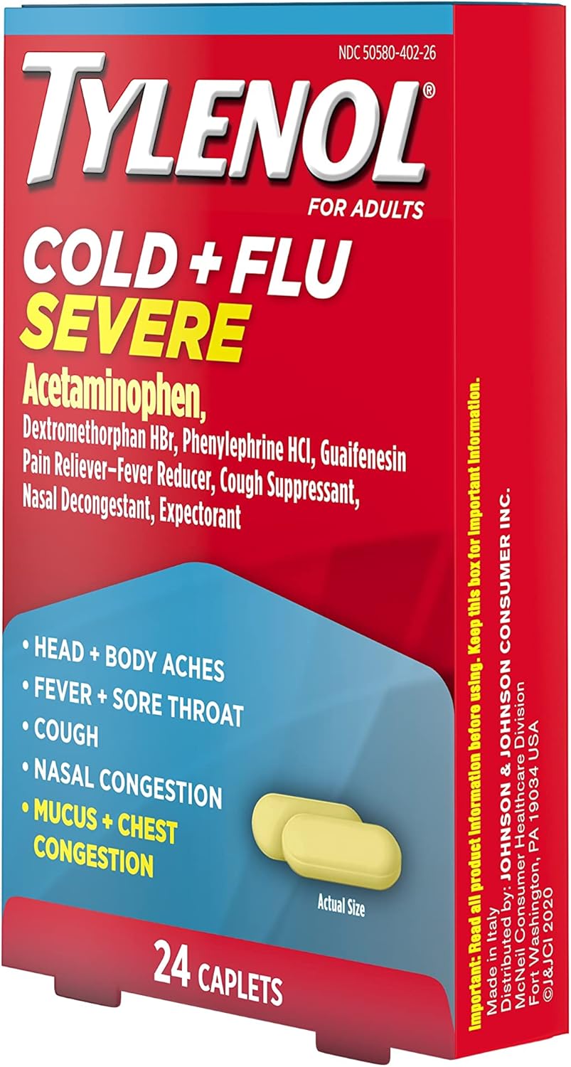 Tylenol Cold + Flu Severe Caplets, Acetaminophen, 24 ct | Fever Reducer, Pain Reliever, Cough Suppressant, Nasal Decongestant & Expectorant