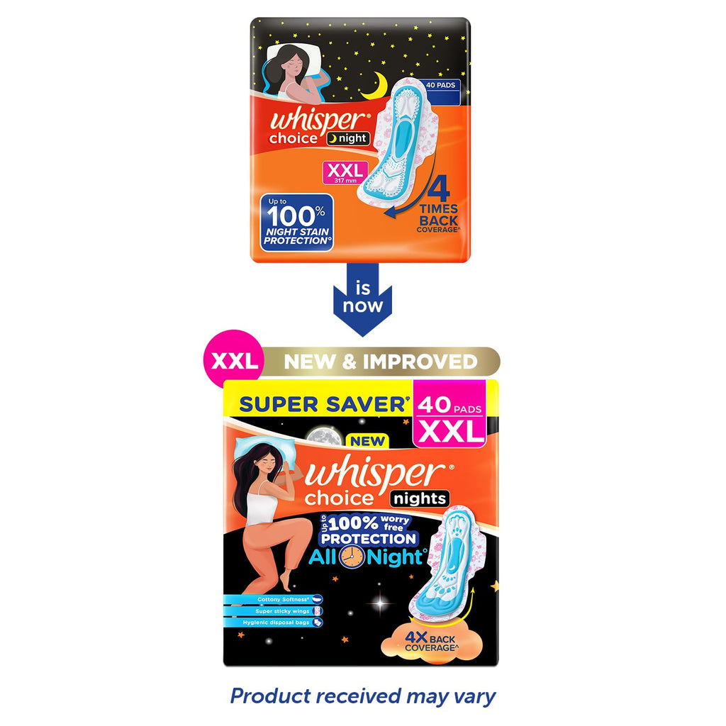 Whisper Choice Nights, 40 XXL Pads, Gives Up to 100% worry-free protection all night with 4x back coverage