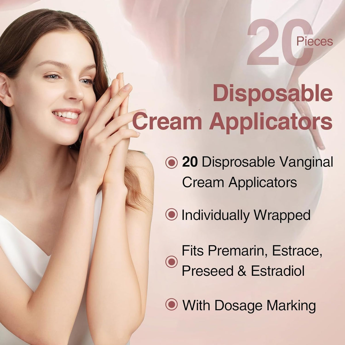 20 Pack Disposable Vaginal Cream Applicators - Fit OTC Gels, Lubes, Premarin, Estrace, Preseed or Creams Products - Comfortable Design, Individually Wrapped, Dosage Markings