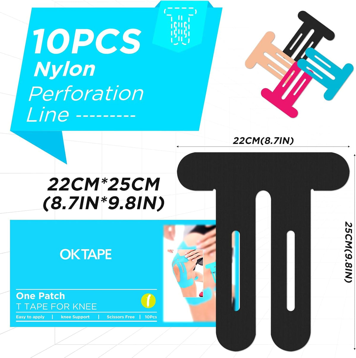 OK TAPE Kinesiology Tape for Knee,Precut 10 Pcs Stretchable on Four Sides | Nylon Waterproof Athletic Tape for Knee Support & Stability,Breathable and Hypoallergenic Black