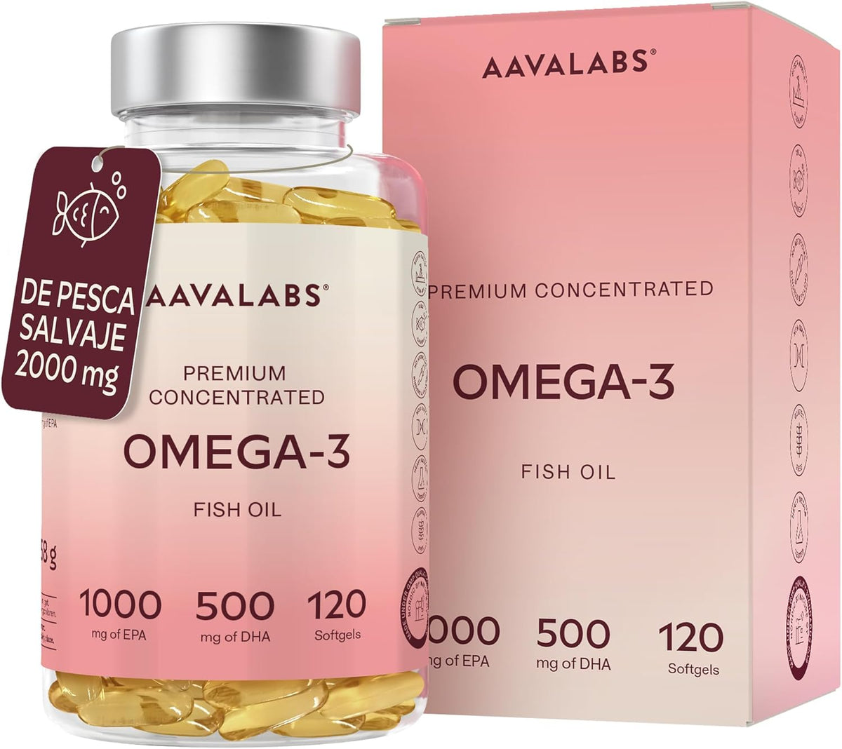 Aavalabs Omega 3 2000mg per daily dose (2 capsules) - 1000mg EPA + 500mg DHA per daily dose - High Potency Fatty Acids - Molecularly Distilled - 120 Capsules - 60 Day Supply