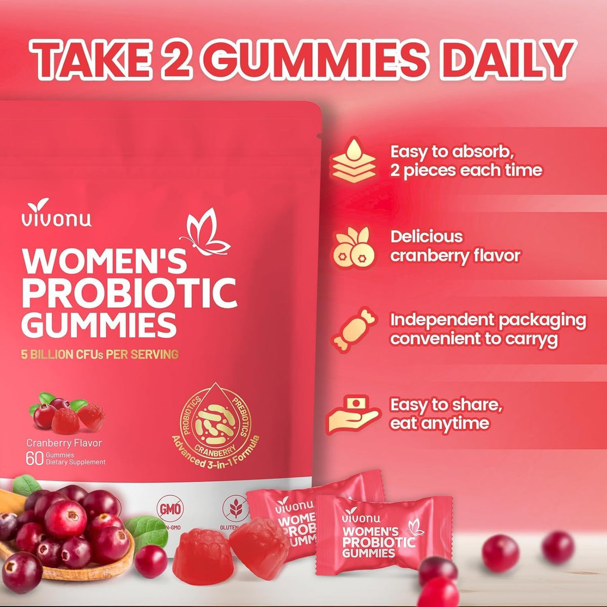 VivoNu Vaginal Probiotics for Women, Feminine Balance pH Gummies for Healthy Odor, Yeast Balance & Flora + Vitamin C for Immune Support -60 Cranberry Gummies