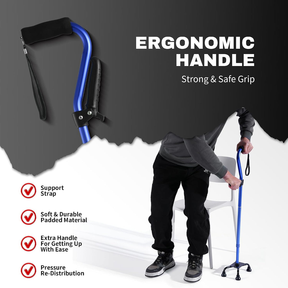 Stand Assist Walking Cane for Seniors - Foldable Adjustable Quad Cane with Second Handle for Leverage, Self Standing Walking Stick with 4-Pronged Base for Stability and Surgery Recovery