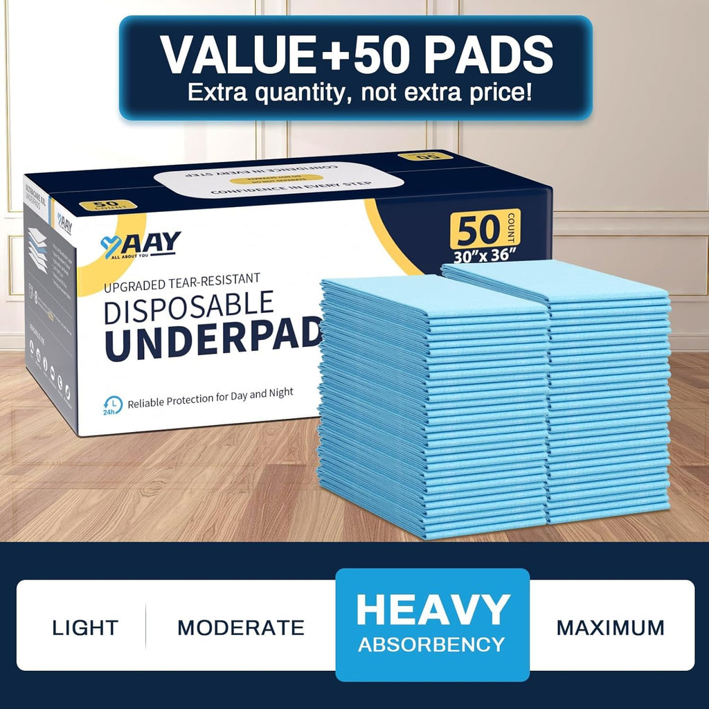 AAY Disposable Bed Pads 30"X36" (50pcs) Tear-Resistant Cloth Backing Underpads Super Absorbent Pee Pads Extra Large Premium Chucks for Adults Incontinence Pads Waterproof for Elderly, Kids or Puppy