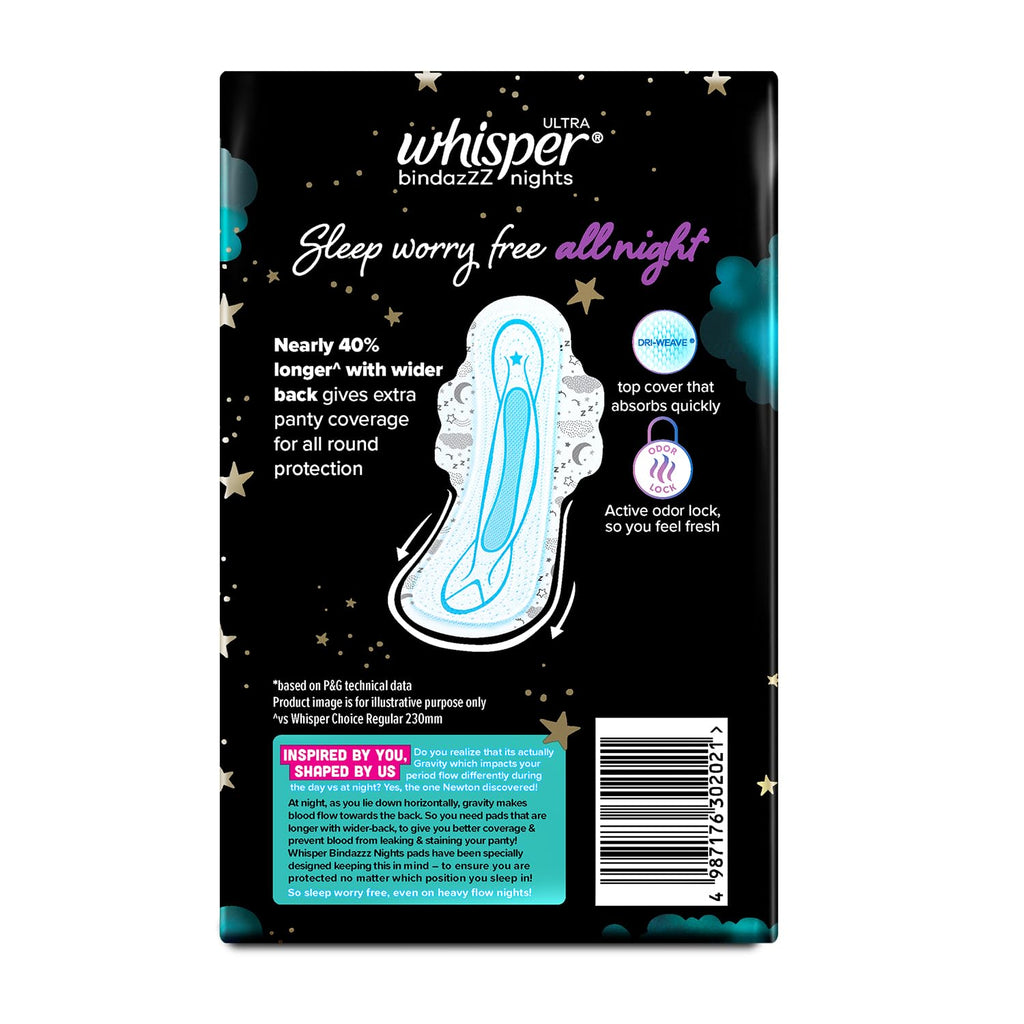 Whisper Bindazzz Nights 44 XXL Sanitary Pads, Upto 0% Leaks All Night Long, For Heavy Flow, Nearly 40% Longer with Wider Back, Active odor lock so you feel fresh, Disposable Wrapper