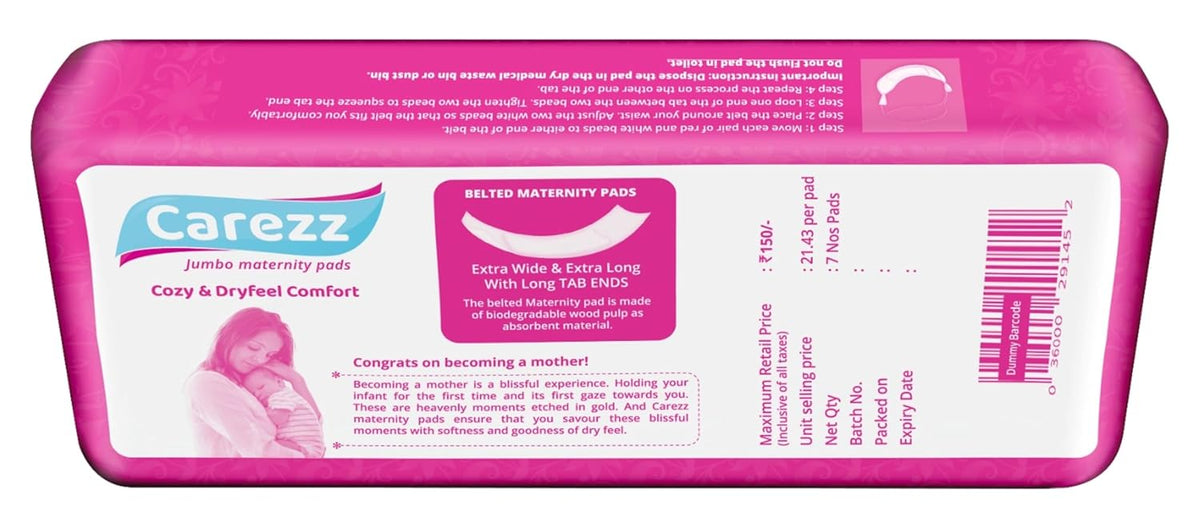 Carezz Cozy & Dryfeel Comfort Belted Maternity Sanitary Pads|7 Pads|Pack Of 1 Packet|Ultra Absorbent Disposable Thick Pad For Heavy Flow Protection|Postpartum Use For Women