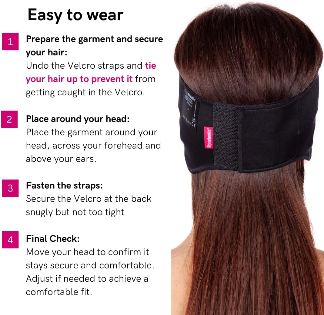 LIPOELASTIC PU 03 Unisex Post Surgery Compression Band, Self-Closing Otoplasty Headband, Comfort Ear Bandage (Black, Small)