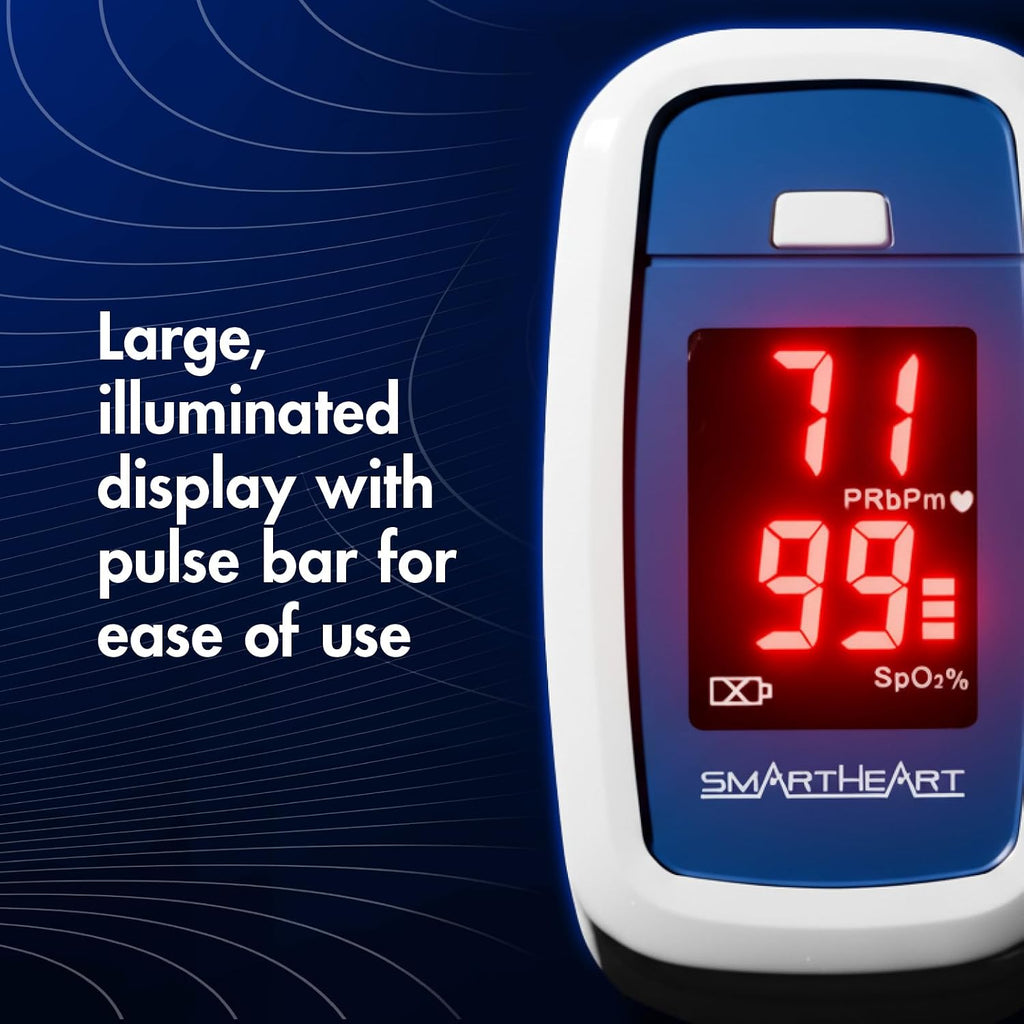 SmartHeart Fingertip Pulse Oximeter | Pulse Rate Monitor, Blood Oxygen Saturation, LED Display, Portable for Home & Sports Use, Lanyard & Batteries Included