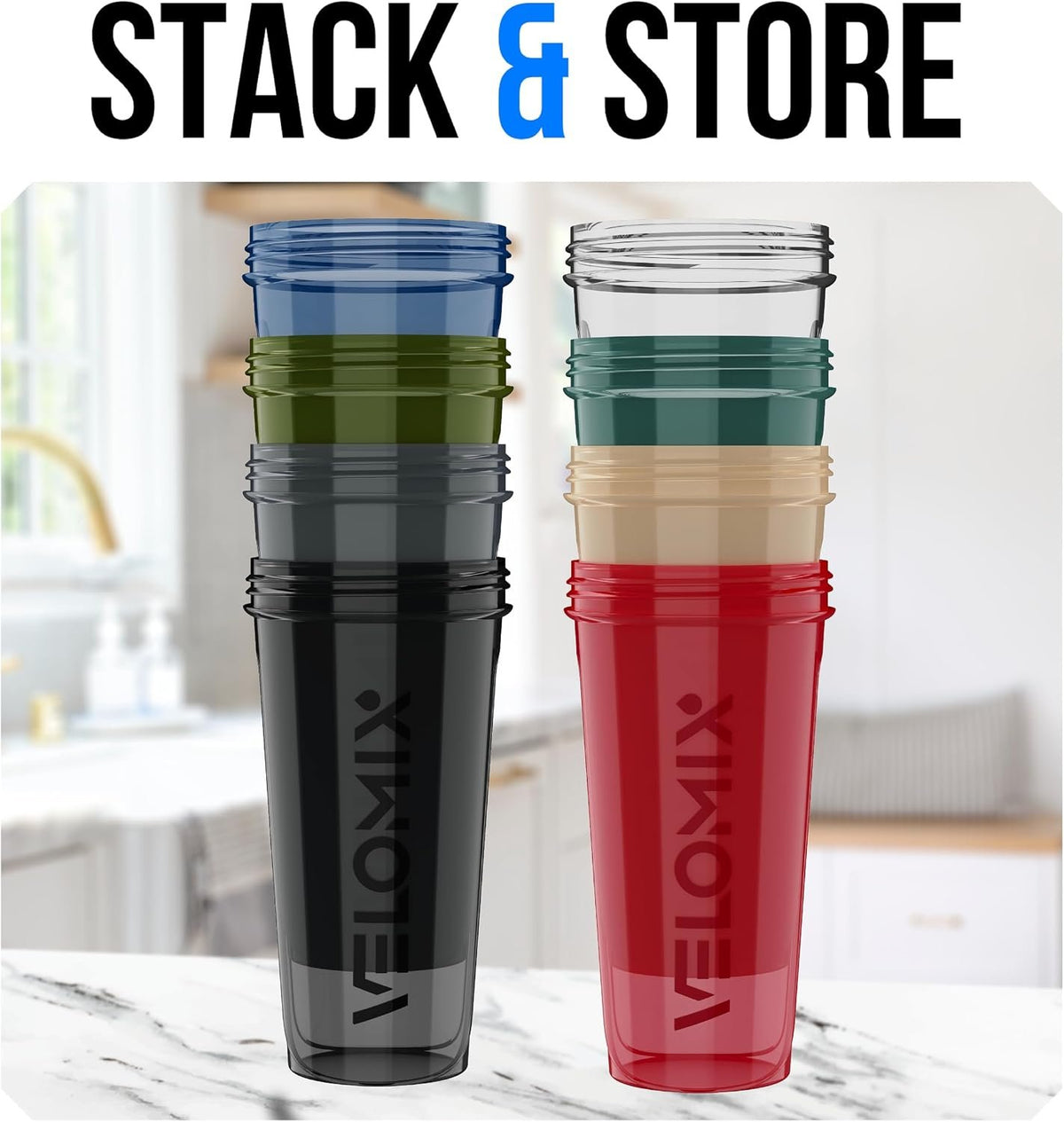 VELOMIX 8 Pack 28oz Protein Shaker Bottle for Protein Mixes, Crystal Clear | 8x Wire Whisk, Leak Proof Shaker Cups for Protein Shakes, Stackable, Multipack Value Set for Home, Gym, Office and Car