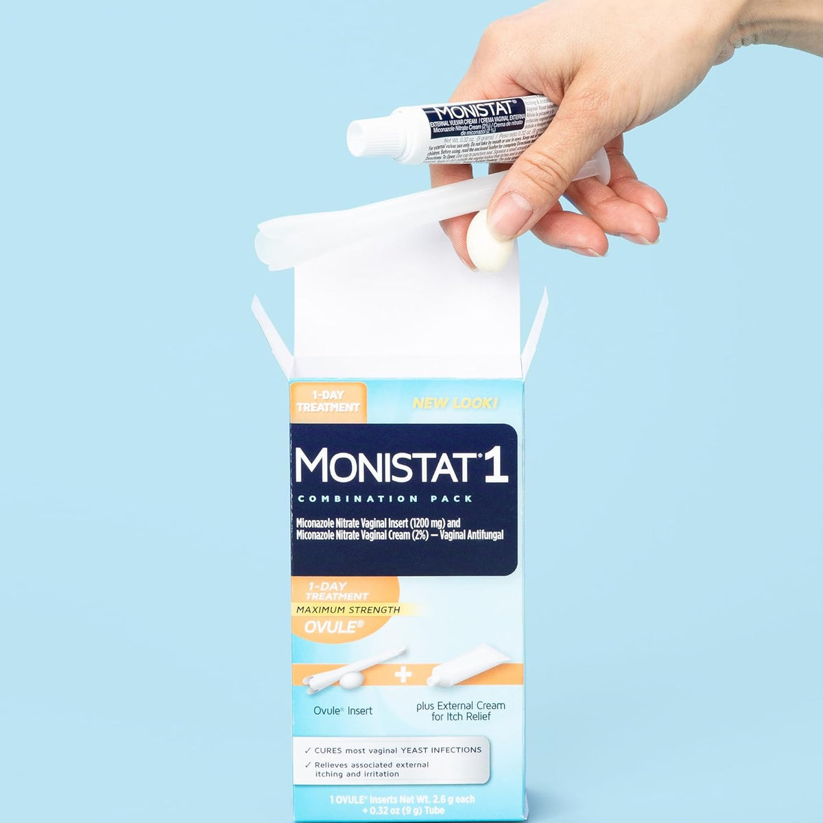 Monistat 1-Day Yeast Infection Treatment for Women, 1 Miconazole Ovule Insert & External Itch Relief Cream (9g Tube) Combo Pack, Maximum Strength
