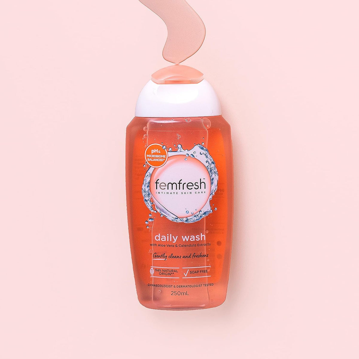 Femfresh Daily Intimate Wash - 250ml, pH & Microbiome Balanced, With Aloe Vera & Calendula Extracts, 94% Natural Origin Ingredients, Hypoallergenic & Soap-Free, Gentle Feminine Body Wash for Freshness