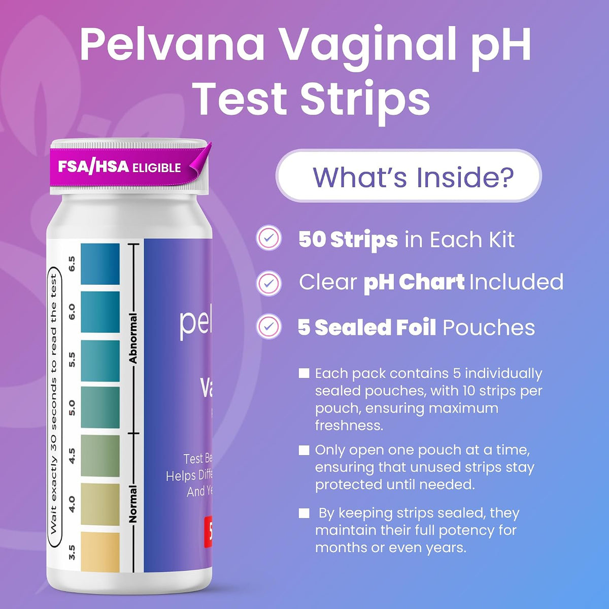 Pelvana Vaginal pH Test Strips (50) at-Home BV & Yeast Infection Test Kit | Test Before You Treat, Helps to Differentiate BV and Yeast Infections for Feminine Wellness Decisions, Results in 30 Seconds