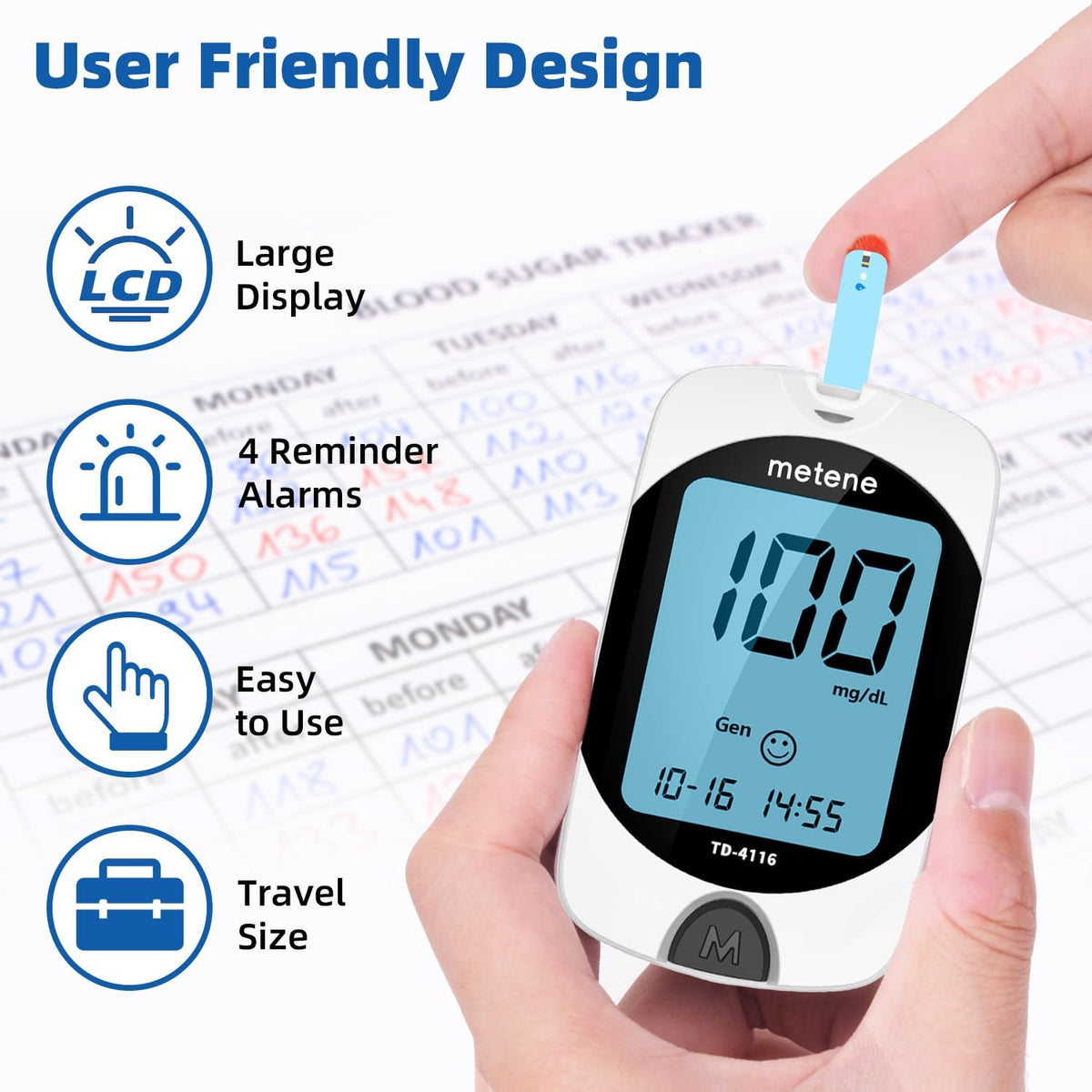 Metene TD-4116 Blood Glucose Monitor Kit, 100 Glucometer Strips, No Coding | 100 Lancets & Control Solution & Lancing Device, Blood Sugar Monitor Large Display , Blood Sugar Test Kit for Home Use