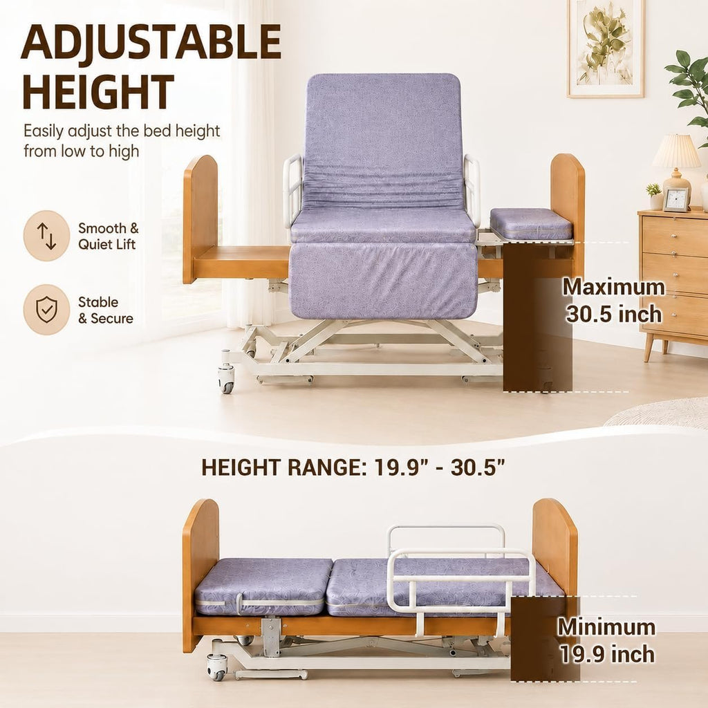 Rotating Electric Hospital Beds for Home Use, 90° Sit-to-Stand Nursing Medical Bed for Seniors and Disabled with Adjustable Height, Backrest, Leg Rest, 550 lbs Capacity, Mattress Included