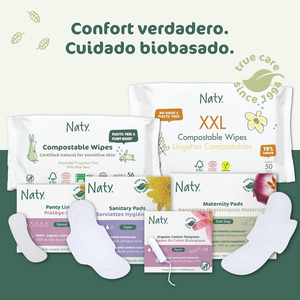 Naty Normal Pads without Wings | 100% Certified Organic Cotton in Contact with Skin | Certified Safe | Unscented, 0% Conventional Plastic | Absorbent Protection | 14 Count