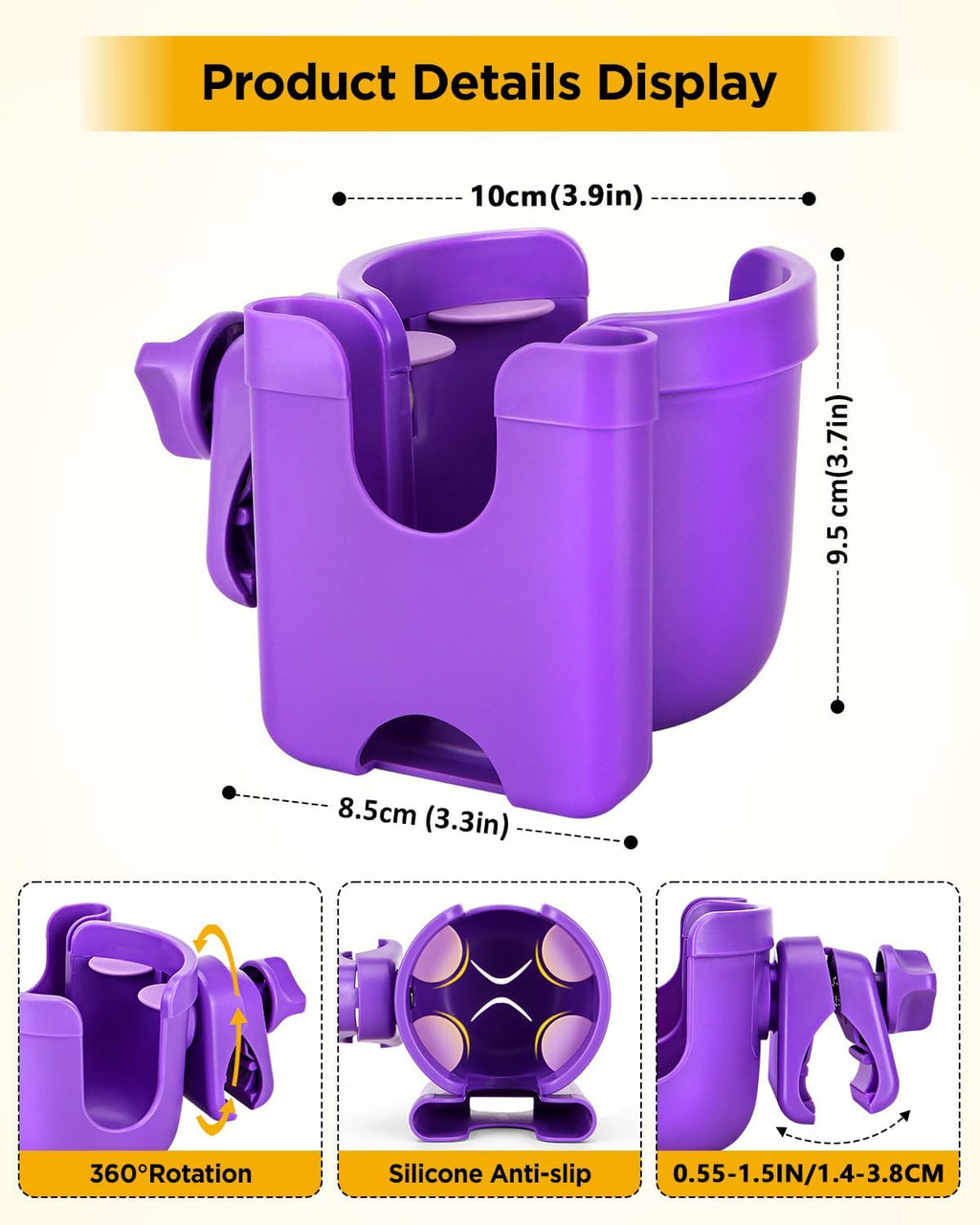Universal Stroller Cup Holder with Mobile Phone Case, 2-in-1 Strollers Storage Rack, 360 Degrees Rotation Drink Holder for Bike, Pushchair, Wheelchair, Walker,Bicycle, Fits Most Cups (Purple)