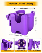 Universal Stroller Cup Holder with Mobile Phone Case, 2-in-1 Strollers Storage Rack, 360 Degrees Rotation Drink Holder for Bike, Pushchair, Wheelchair, Walker,Bicycle, Fits Most Cups (Purple)