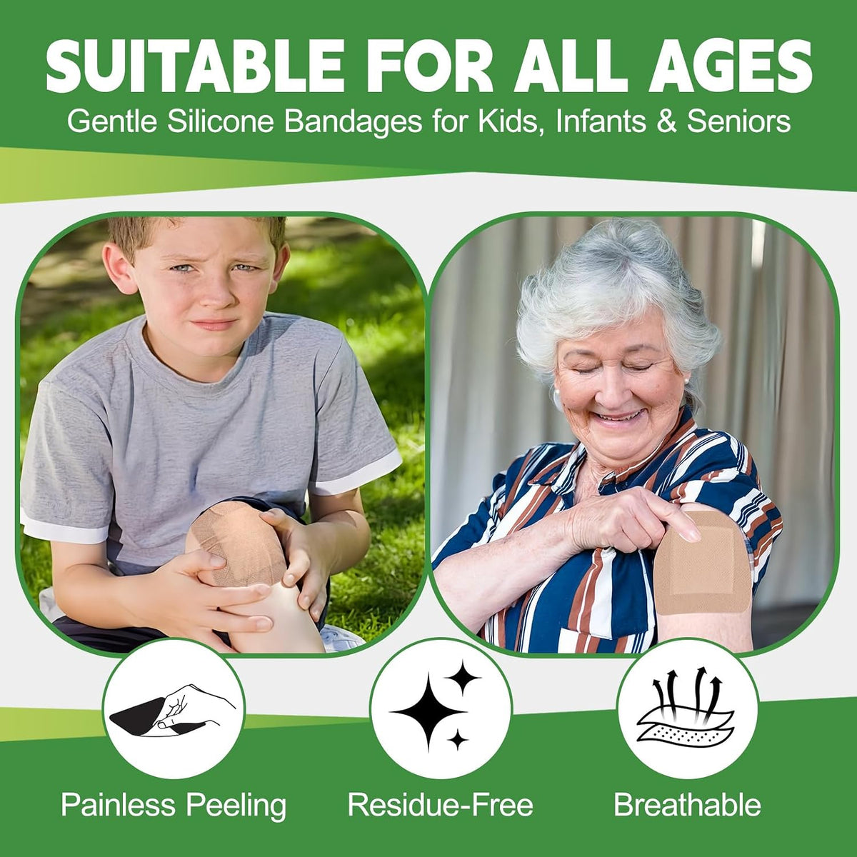 16 Pack Silicone Bandages for Sensitive Skin, 4x4 Latex Free Hypoallergenic Breathable Adhesive Bandage with Gentle Border, Large Wound Care Patches with Easy Painless Removal
