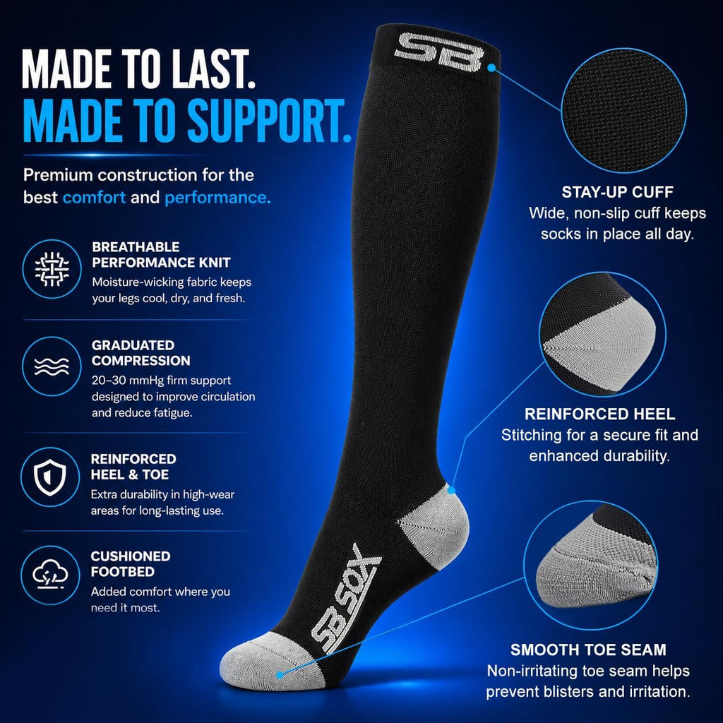 SB SOX Compression Socks for Men & Women (20-30mmHg) | Best Quality Compression Socks for Flying, Medical, Sports, Wide Calf Fit, Pregnancy, and Daily Wear. Trusted since 2016.
