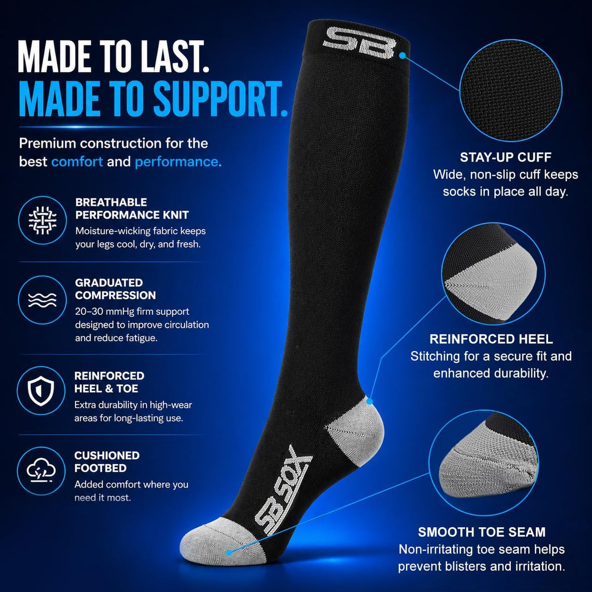 SB SOX Compression Socks for Men & Women (20-30mmHg) | Best Quality Compression Socks for Flying, Medical, Sports, Wide Calf Fit, Pregnancy, and Daily Wear. Trusted since 2016.