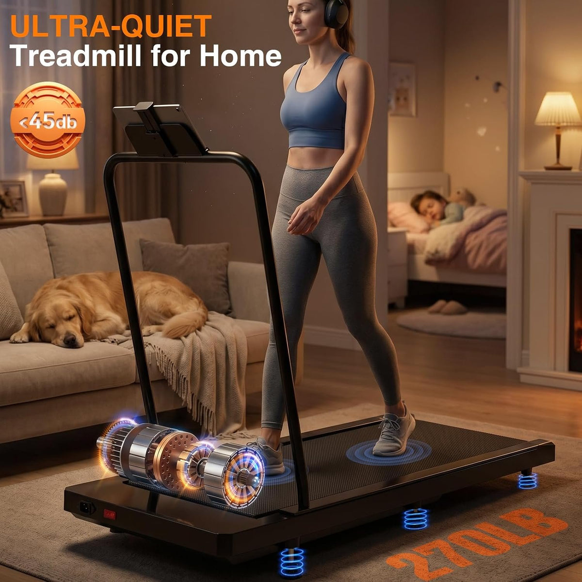 Walking Treadmill Pad with 0–5-8% Incline, 2.5HP | Compact Treadmill，Perfect for Running, Walking & Under-Desk Use，Quiet Operation for Home or Office