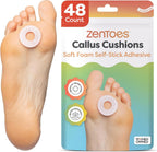 ZenToes Callus Cushions, Water-Resistant Adhesive Corn Pads, 48 Count | Soft foam protects heels & toes from friction, stays on through showers, for active wear. Peels off easily