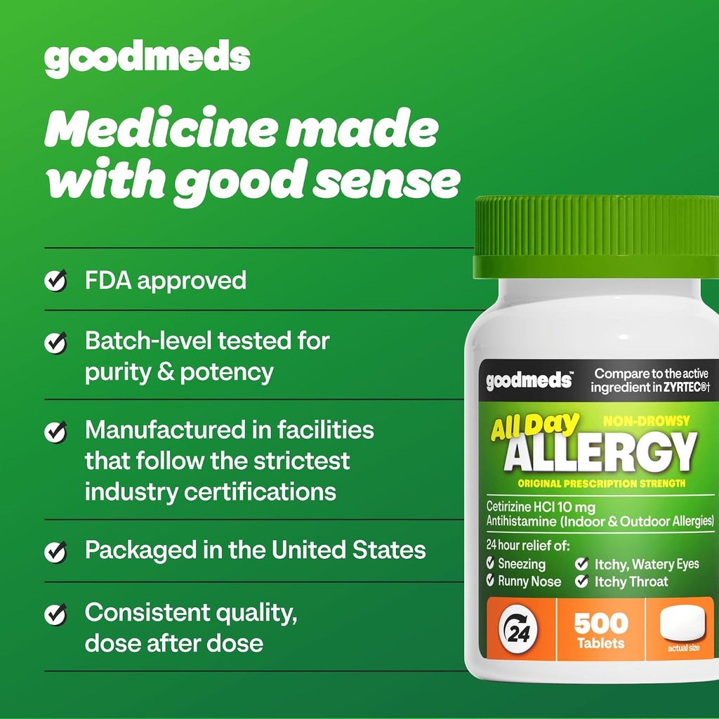 24-Hour Allergy Medicine 500-Count Non-Drowsy Antihistamine for Pollen, Hay Fever, Dry, Itchy Eyes, Allergies | Cetirizine HCl 10mg Tablets, Compare to Leading Brand