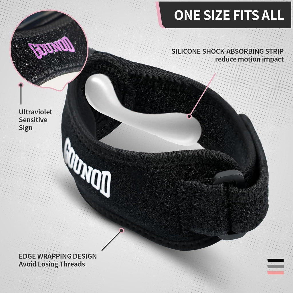GOUNOD Patellar Tendon Support Strap 2 Pack,Knee Strap for Knee Pain Relief,Patella Band for Basketball, Jumpers Knee, Tendonitis, Running, Hiking, Soccer, Osgood Schlatter（Black）