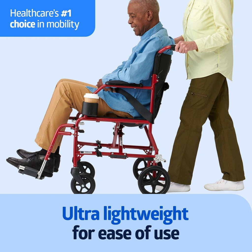 Medline Ultra Lightweight Transport Wheelchair for Adults, Foldable, 19-Inch Seat Width, Red Frame, Black Upholstery