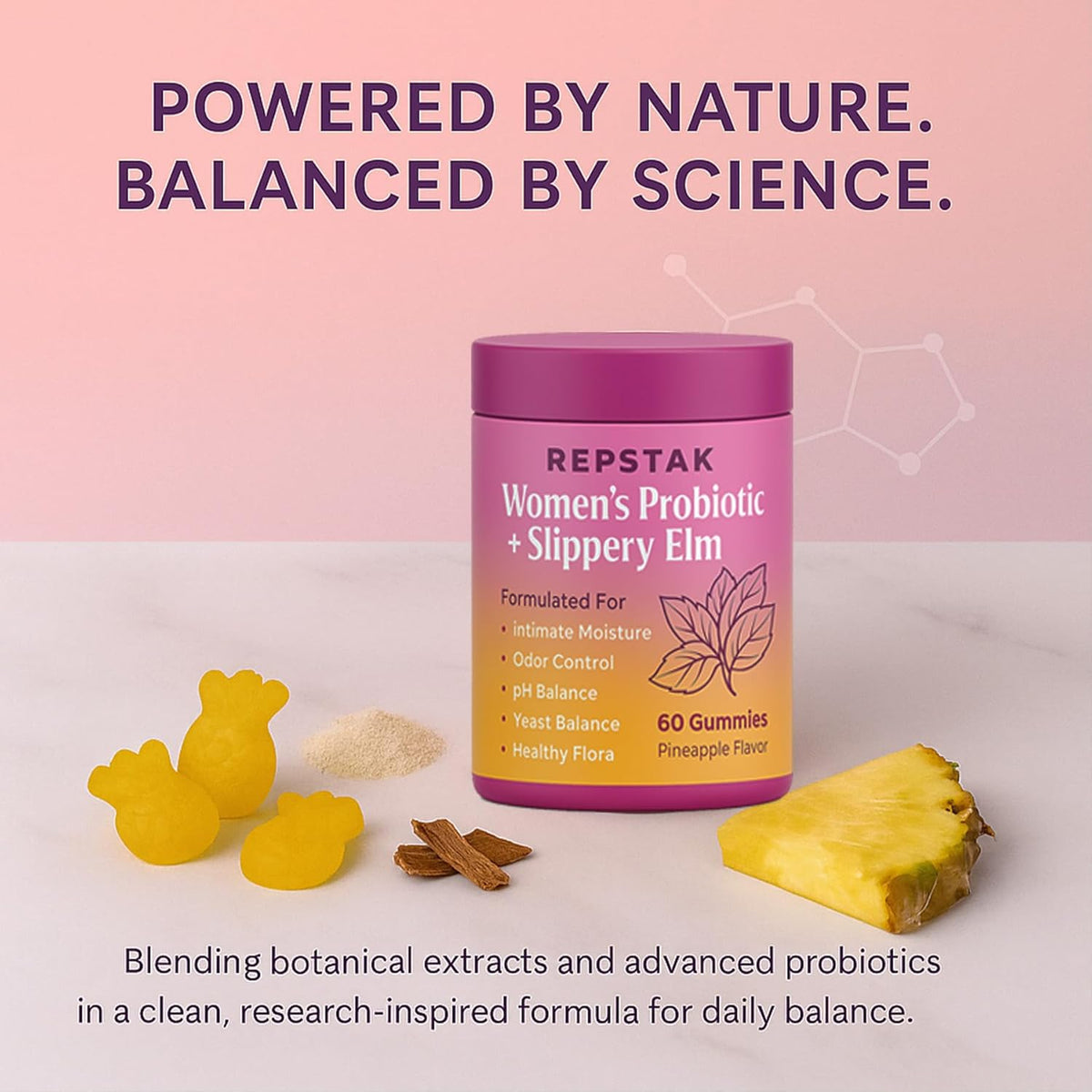 Women’s Probiotic + Slippery Elm Gummies | Intimate Flora & pH Balance Support | Lactobacillus + Prebiotic XOs | Pineapple Flavor | 60 Gummies
