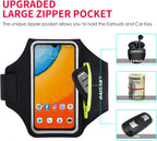 Running Armband with Earphone Bag Cell Phone Armband for iPhone 17 16 15 Pro 14 Plus 13 11 XR, Galaxy S24/S10 Water Resistant Sports Phone Holder Case & Zipper Slot Car Key Holder for 6.9 inch Phone