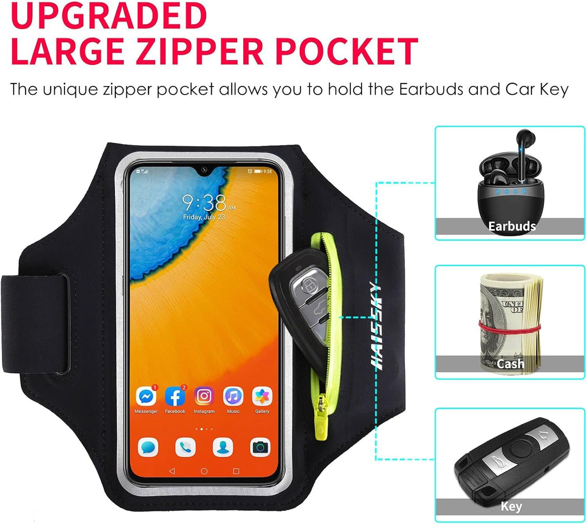 Running Armband with Earphone Bag Cell Phone Armband for iPhone 17 16 15 Pro 14 Plus 13 11 XR, Galaxy S24/S10 Water Resistant Sports Phone Holder Case & Zipper Slot Car Key Holder for 6.9 inch Phone