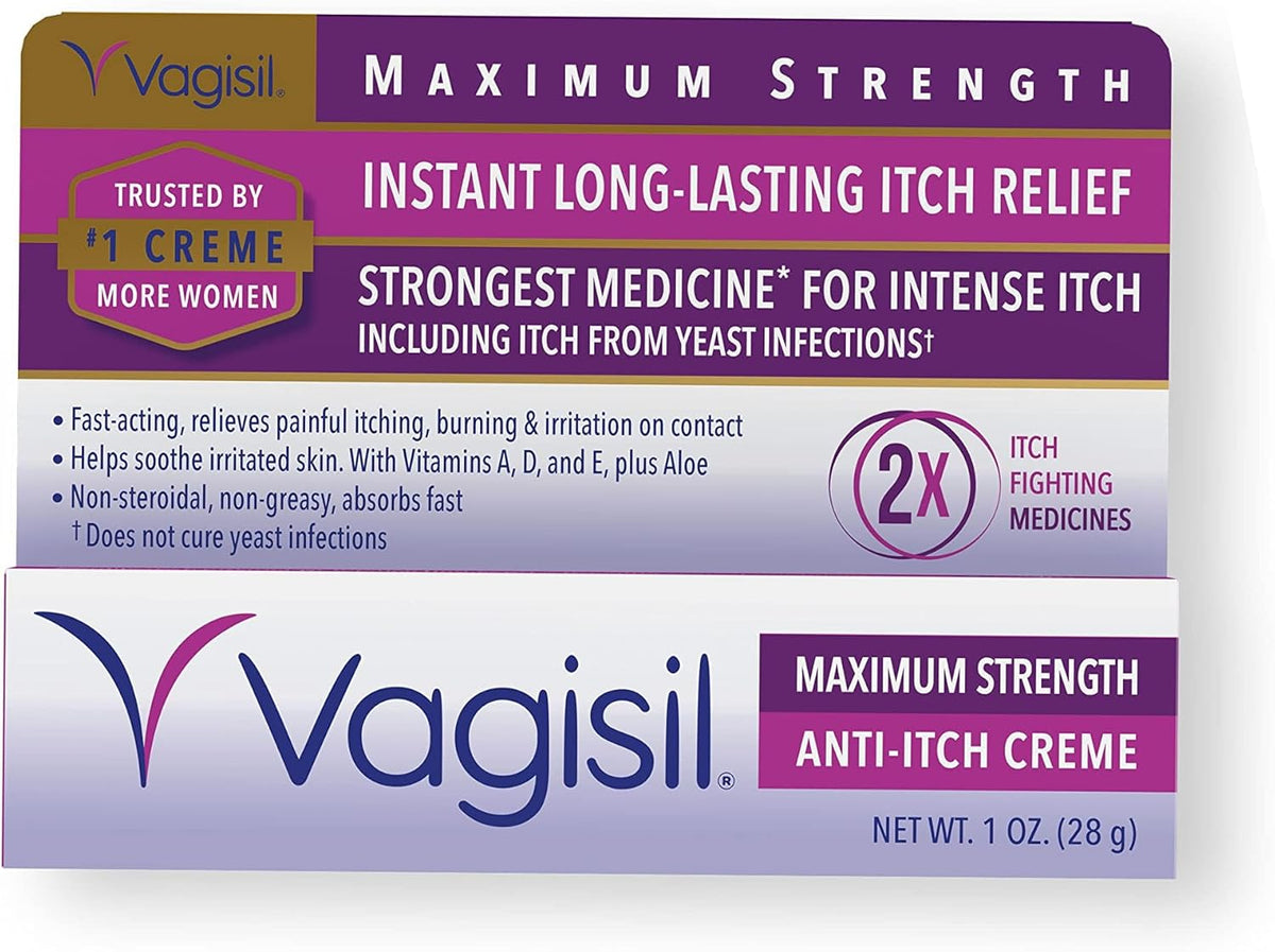 Vagisil Maximum Strength Feminine Anti-Itch Cream with Benzocaine for Women, Helps Relieve Yeast Infection Irritation, Gynecologist Tested, Fast-Acting, Soothes and Cools Skin, 1 oz