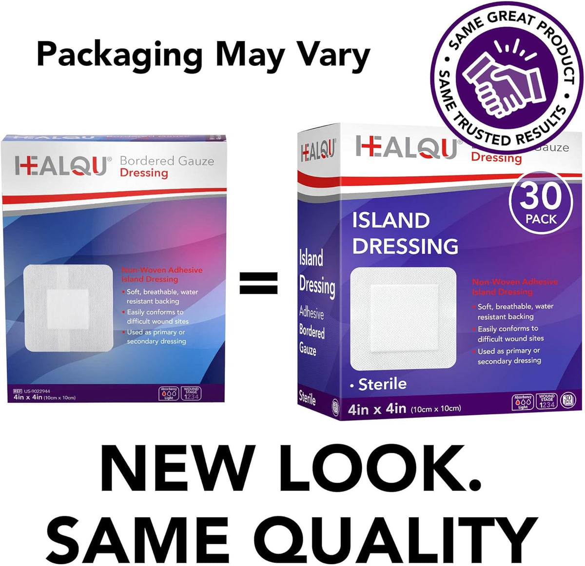 HEALQU Island Dressing - 4"x4", 30 Count - Bordered Gauze Sterile Individually Wrapped Gauze Pads, Water-Resistant, Non-Woven Backing - Soft and Breathable Wound Dressing for First Aid and Medical