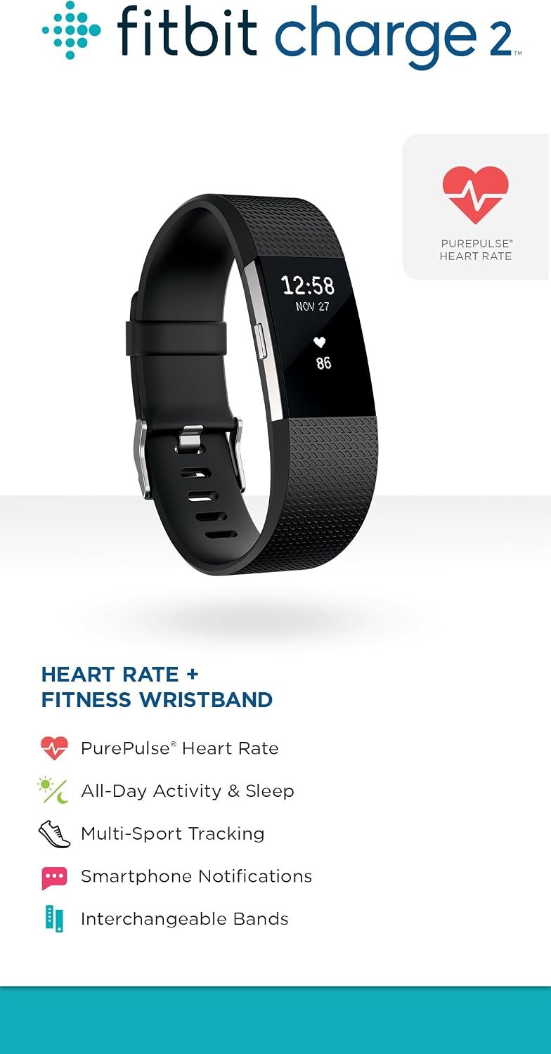 Fitbit Charge 2 Heart Rate + Fitness Wristband, Black, Large (US Version), 1 Count