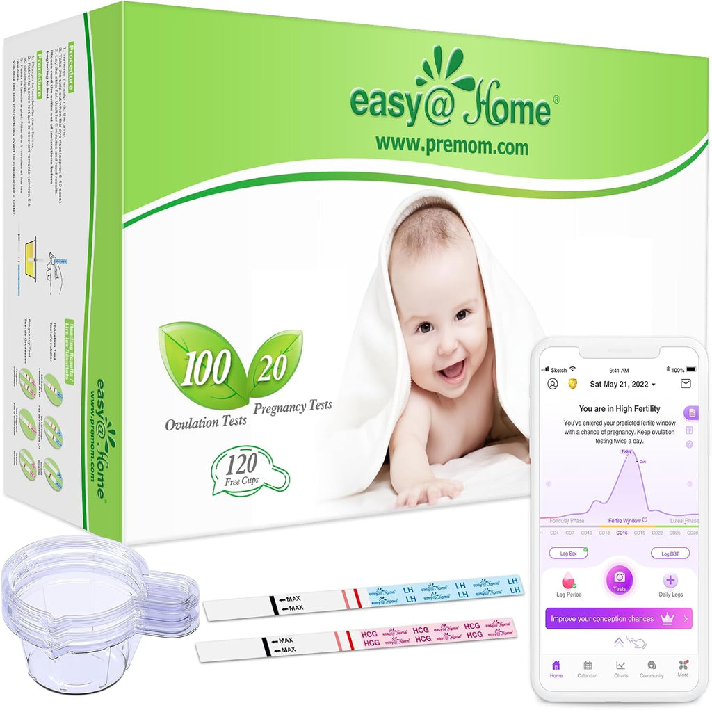 Easy@Home 100 Ovulation Test and 20 Pregnancy Test Strips, FSA Eligible Ovulation Test Kit Powered by Premom Ovulation Predictor Free iOS&Android APP,100LH +20HCG