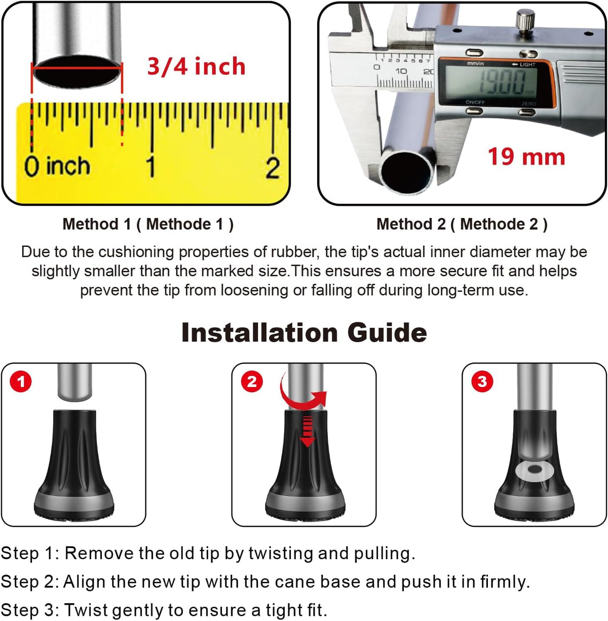 supregear Cane Tips 3/4 Inch (2-Pack), Anti-Slip Extreme Grip Heavy Duty Replacement Rubber Foot Base for All Terrain Safety & Comfort, Shock-Absorbing Feet with Metal Insert for Enhanced Stability