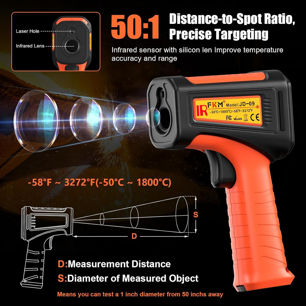 -58°F ~3272°F FKM Infrared Thermometer High Temperature Gun 50:1 Ratio | Digital IR Temp Gun,High Precision-Laser Thermometer Gun for Cooking,Kilns,Forges,Engine,HVAC,Industrial and Home Repair