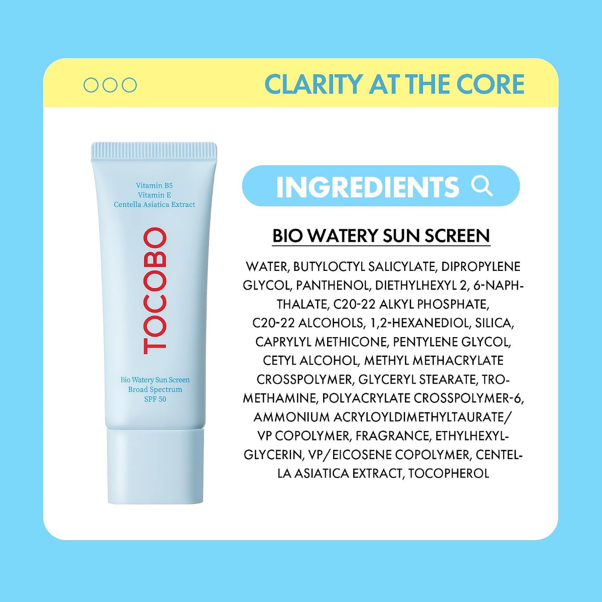 TOCOBO Bio Watery Sunscreen SPF 50 Broad Spectrum Korean Facial Sun Cream, Hyaluronic Acid, Lightweight Daily Face Sunblock,Vegan, Korean Skincare 1.35 fl oz