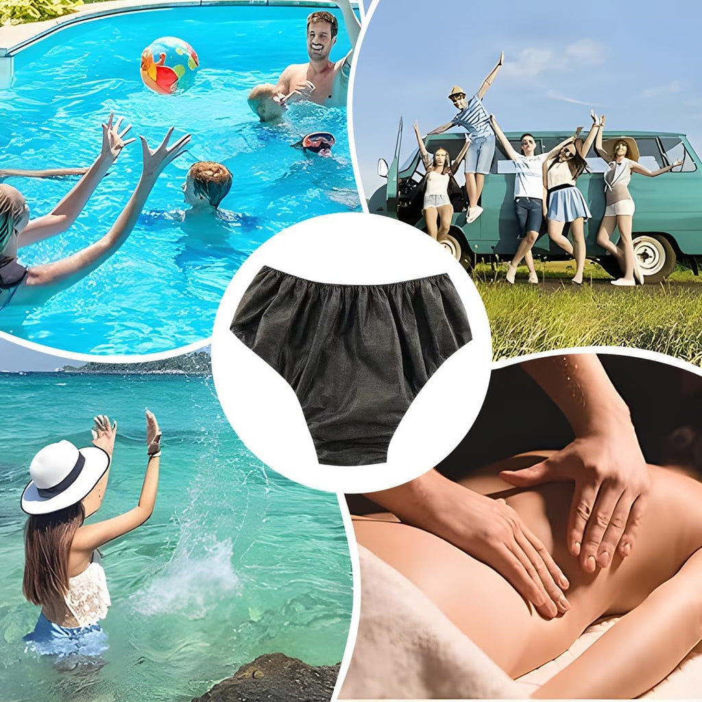 10 Pieces Unisex Disposable Non-Woven Fabric Underwear for Travel, Camping, Spa (Black)