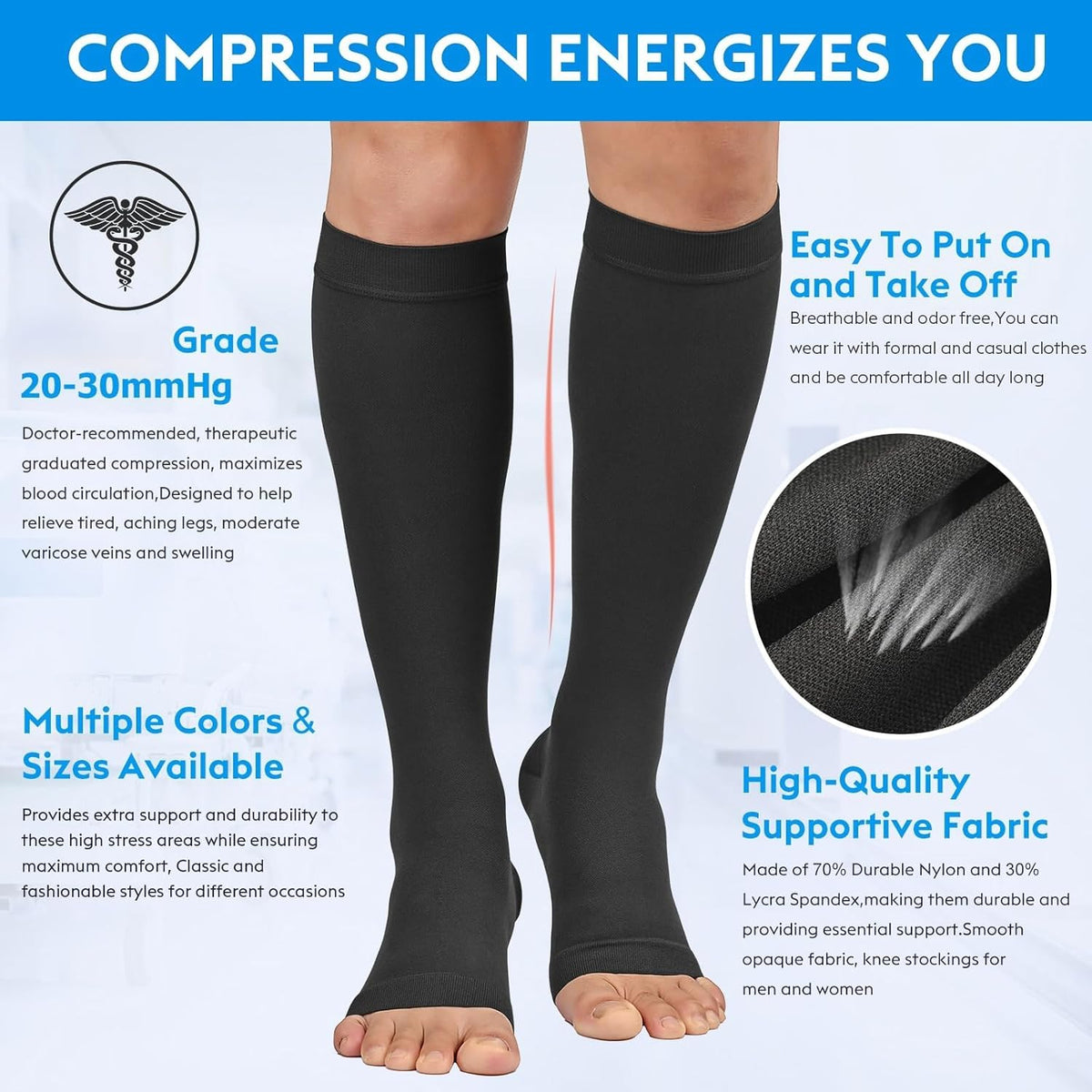 Compression Socks, Open Toe, Medical 20-30 mmHg Graduated Compression Stockings for Men Women, Knee High Compression Sleeves for Pregnancy, Varicose Veins, Relief Shin Splints, Nursing, Edema, Sports