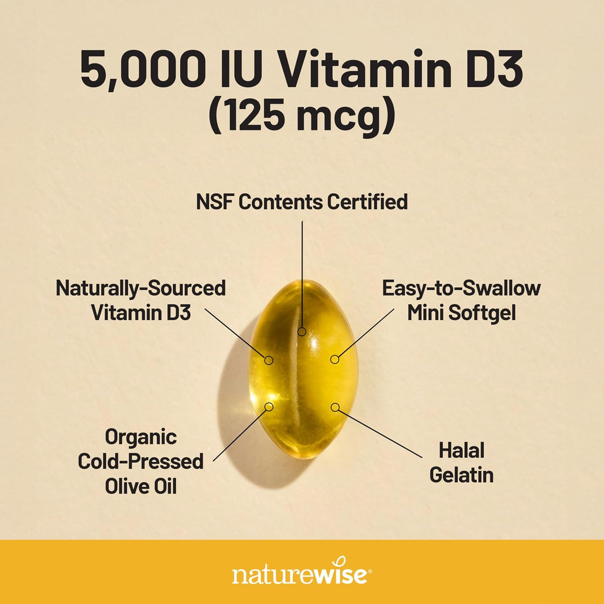 NatureWise Vitamin D3 5000IU Supplement, Bone & Immune Health, 30 Softgels