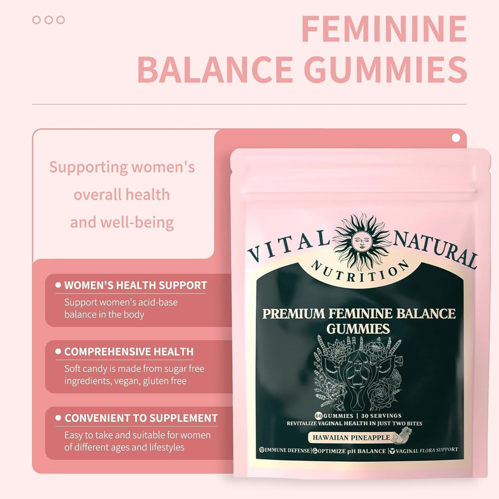 Premium Feminine Balance Gummies,Improve Immune,Promotion of Women's Health,Vegan,Hawaiian Pineapple Flavor Supports Vitality & Gut Health-60 Gummies-30 Servings