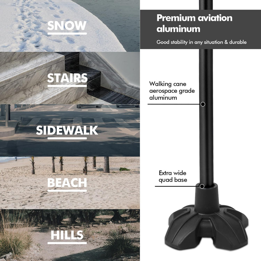 Self Standing Walking Cane Quad Base for Seniors | Lightweight aluminum, foldable design, 31–36 in adjustable height, EVA offset handle, self-standing quad base