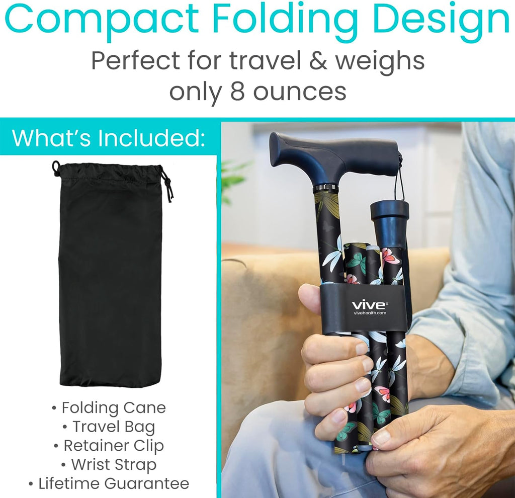 Vive Folding Cane - Foldable Walking for Men, Women Fold-up & Collapsible | Lightweight, Adjustable, Portable Hand Stick Balancing Mobility Aid Sleek, Comfortable (Black Butterfly)