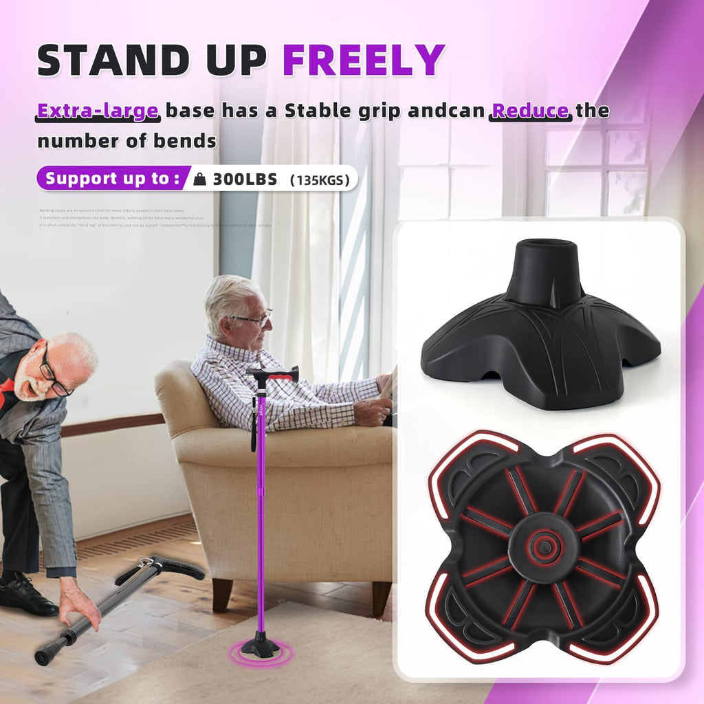 BigAlex Folding Walking Cane with Two Led Lights for Elderly Solid Base Adjustable Walking Stick with Carrying Bag for Men Women